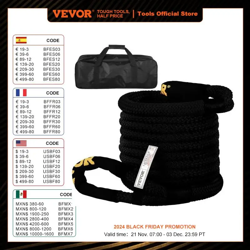 VEVOR 33500/52300 lbs Tow Rope Nylon Double Braided Kinetic Energy Recovery Rescue Rope for Truck Off-Road Vehicle ATV UTV