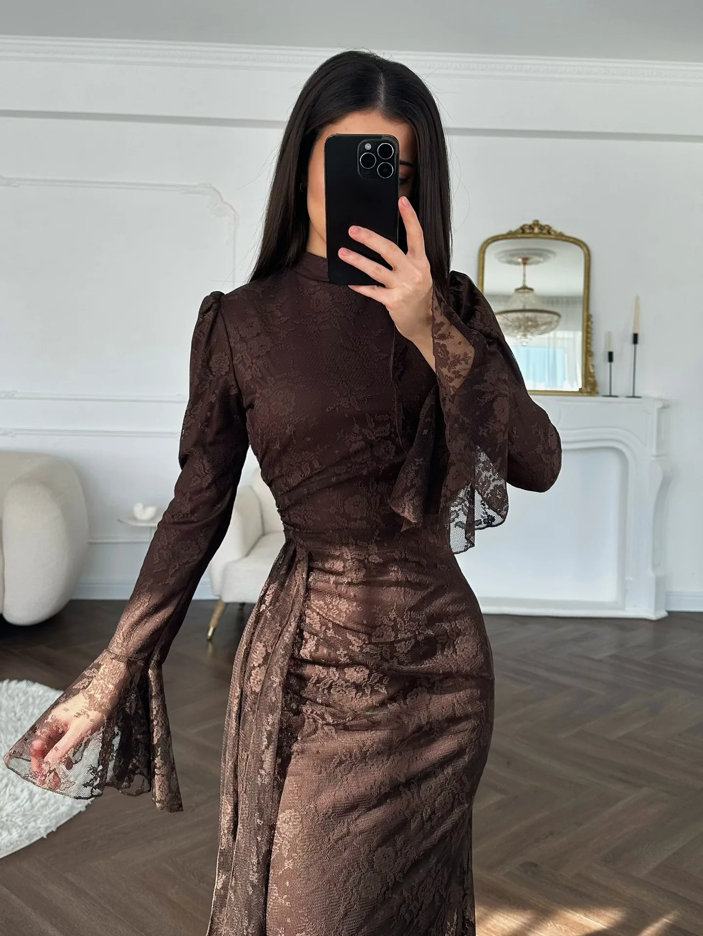 Women Lace Fitted Dresses Solid Evening Dress H Line Ankle Lenth Bell Sleeve Waist Cinch Slim Fit Party Sexy Elegant 2026 Summer