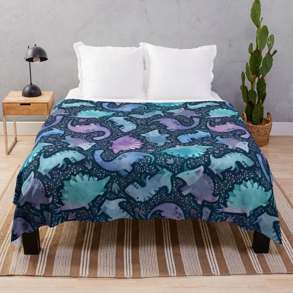 

Watercolor dinosaur purple and blue on navy Throw Blanket