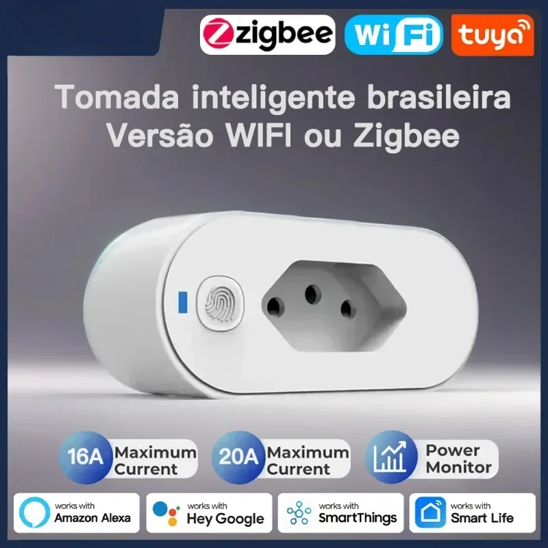 

home Tuya Brazil Plug 16/20A adapter, WIFI or zigbee socket with Power Monitor, Smart outlet control,Voice for Google Home Alexa