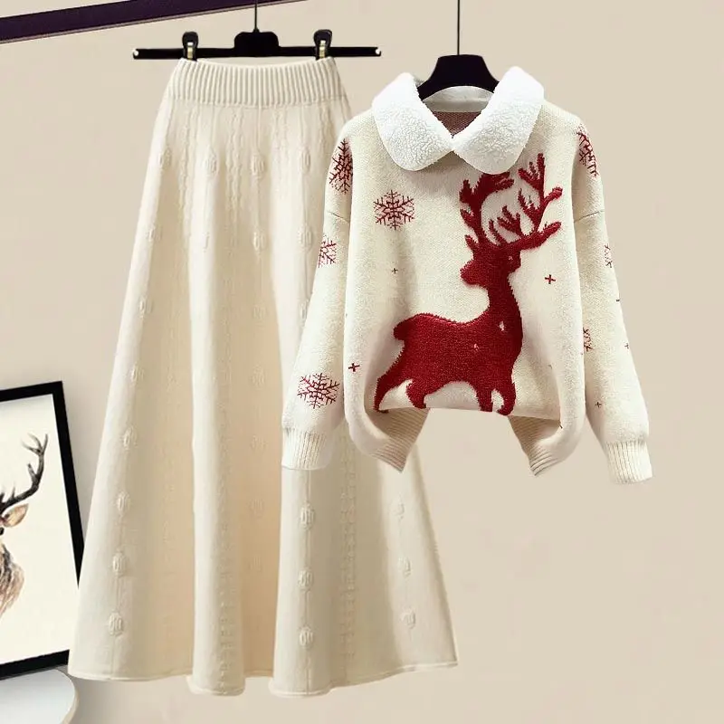 Autumn Winter Cartoon Reindeer Embroidery Lapel Knit Sweater Pullover Slim Fit Knit Skirt Two-piece Set Women\'s Skirt Set