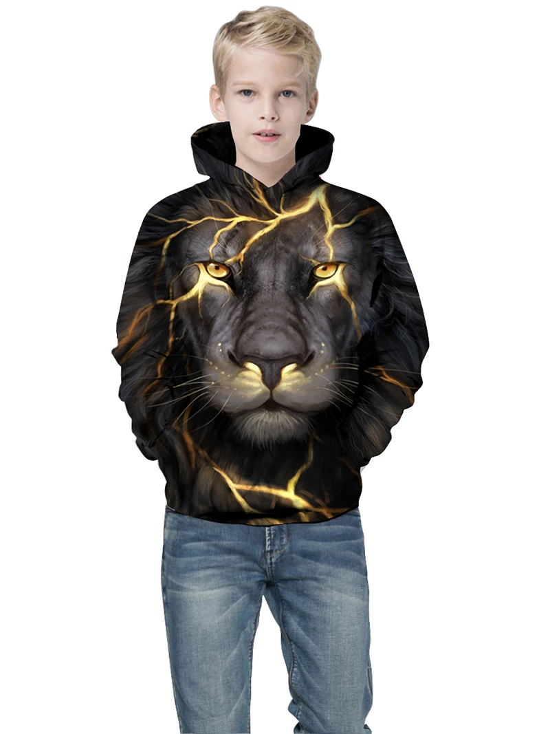 2024 Europese En Amerikaanse Herfst/Winter Nieuwe Leeuw 3d Geprint Kinder Hoodie Losse Kinder Lange Mouw Hoodie