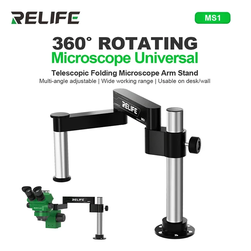 

RELIFE MS1 360° Rotating Folding Stand Swing Arm Wall-mountable Upright Compatible for Various Models of Microscopes Repair tool