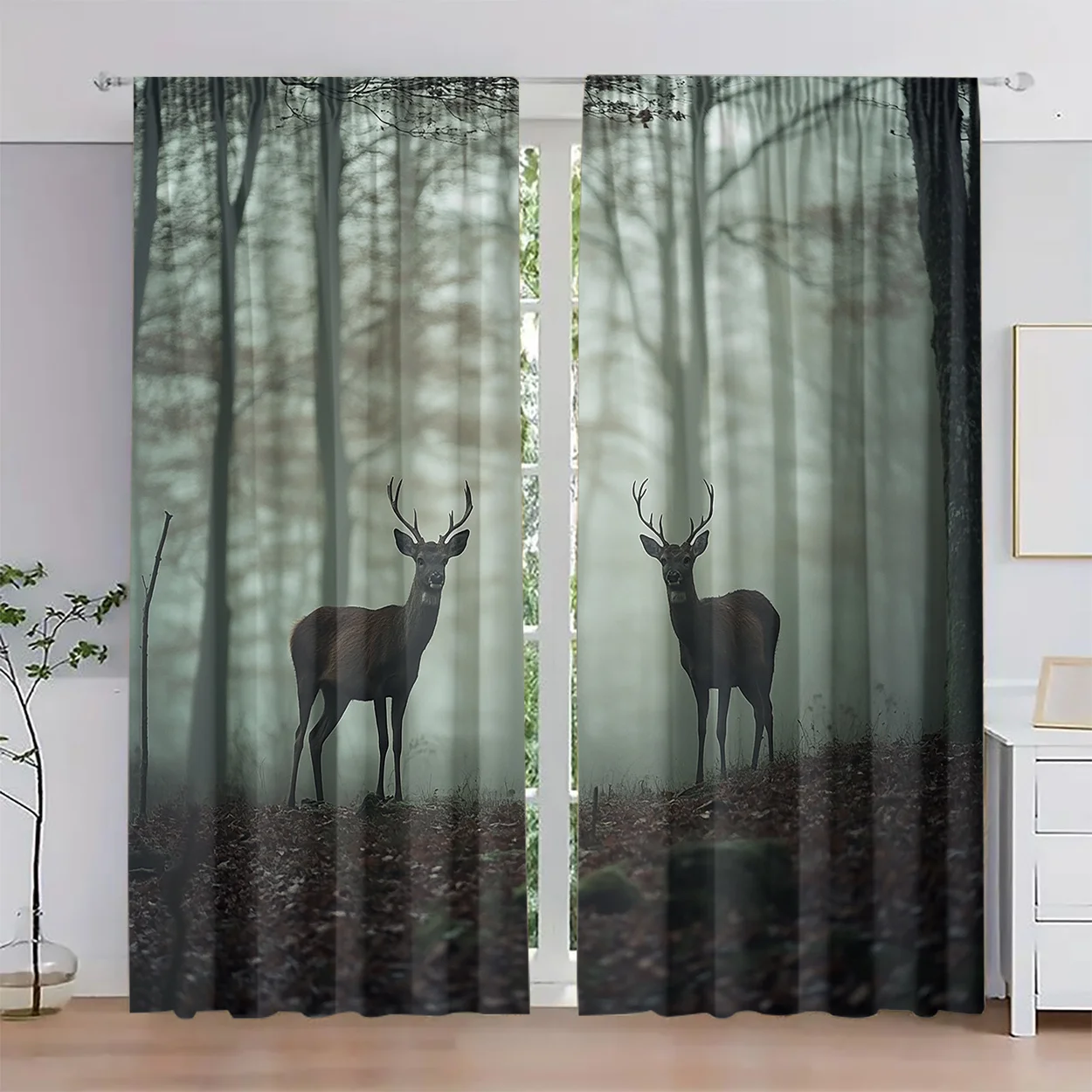 Misty Forest Stag Deer Curtain 2 Panels,Two Antler Buck Foggy Woodland Dark Green Nature Print,Drapes for Bedroom Nature Curtain