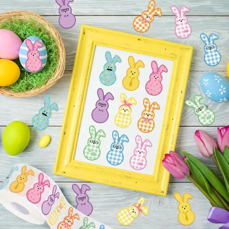 

Easter Bunny Stickers Roll 100-500Pcs, 9 Colorful Rabbit Patterns, Paper Decals for Gift Packaging & Sealing Decor