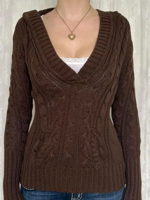 

Y2K Hot Girl Solid Color Long Sleeve Tank Top Sweater Winter Deep V-Neck Waist Sexy Women's Long Sleeve Knitted Sweater