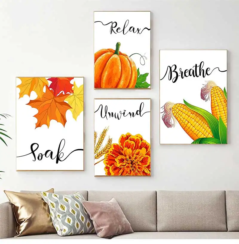 Fall Color Pumpkin Maple Leaves Wheat Ears Canvas Painting Relax Soak Unwind Breathe Letter Poster Bathroom Wall Art Home Decor