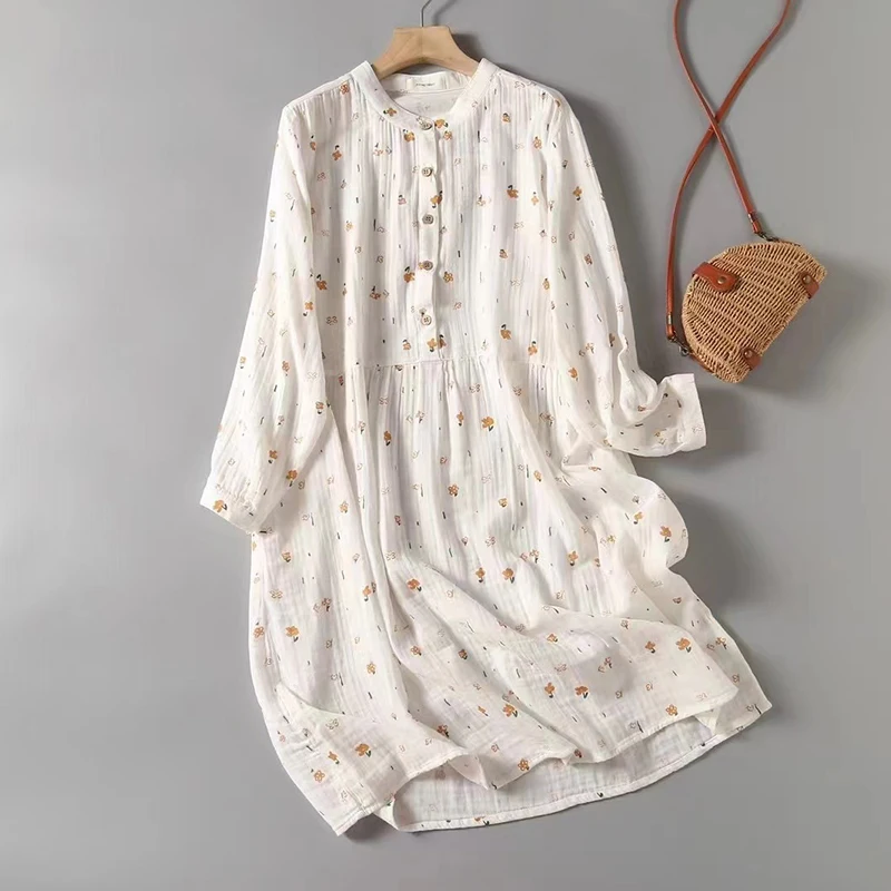 Spring Summer Soft Cotton Yarn Dress Women Clothing Stand Collar Long Sleeved Rustic Flowers Print Female Vestido Dress U022