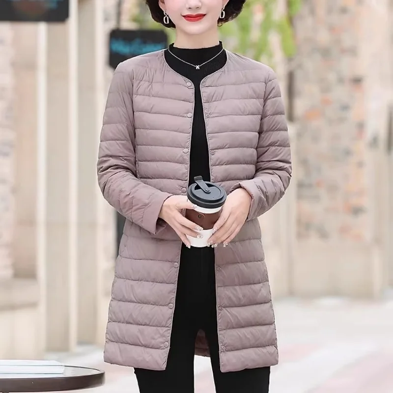 

Женское ультралегкое пуховое пальто-парка с круглым вырезом, миди, на белом утином пуху, осень-зима 2025, теплая верхняя одежда