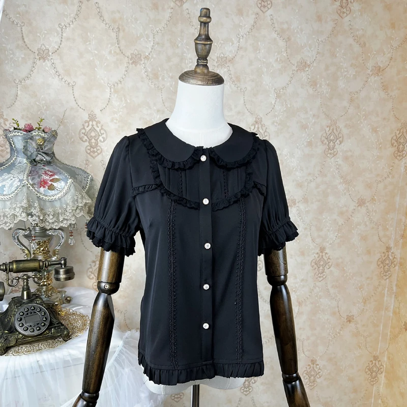 Fashion Lolita Doll Collar Lace Shirts 2024 Summer Short Sleeve Sweet Girl Solid Color Tops Feminine Single Row Multi-Buckle Top