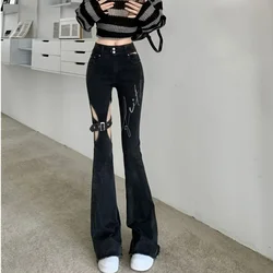 Fashion Hollow High Waist Jeans for Women Spring Summer 2023 Sexy Slim Flare Pants Casual Streetwear Print Black Ripped Jeans