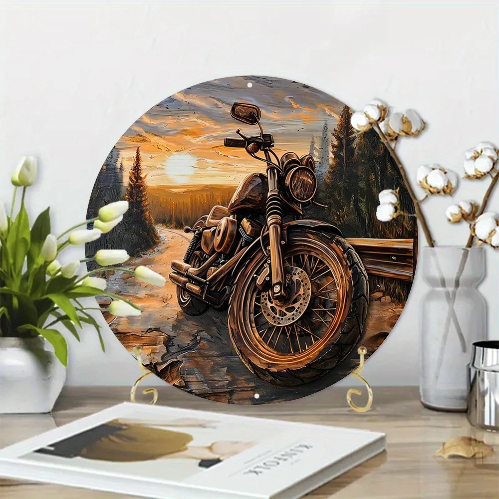 Targa rotonda in metallo finto legno intagliato verniciato corona circolare cartello decorazione d\'ingresso regali per uomini decorazione a tema moto