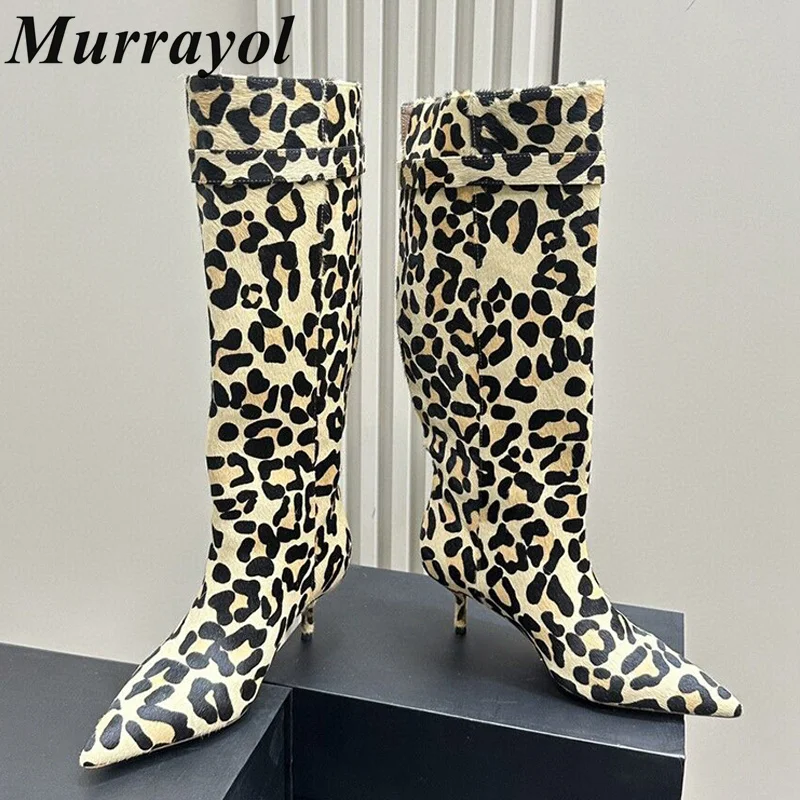 New Pointed Toe Cow Suede Over-the-knee Boots Women Leopard Pattern Thin Heels Long Boots Spring Autumn Fashion Runway Boots