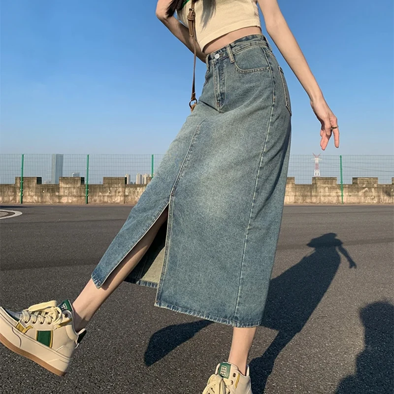 Summer New High-waist Slit Denim Skirt For Women Washed Retro A- line Skirt Hip-covering Straight Long Skirt