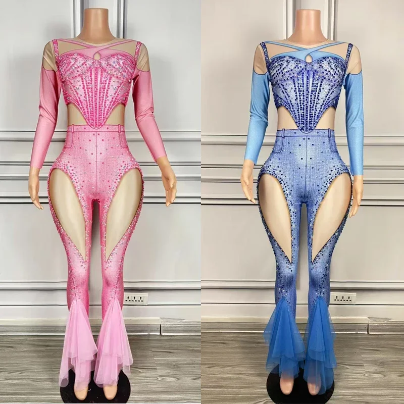 

New Pink Blue Rhinestones Fake Leaky Denim Printed Jumpsuit Women Gogo Dance Outfit Bar Nightclub Dj Ds Drag Queen Costumes