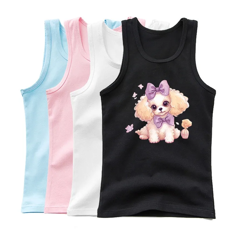 2024 Summer Girls Sleeveless T-shirt Sports Undershirts Kids Cartoon Singlet Children Cute Dog Print Tank Tops