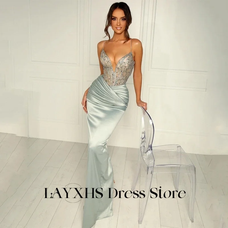 LAYXHS Sexy Spaghetti-Sraps V-Neck Evening Dresses Mermaid Shiny Beaded Pleat Party Prom Dress Customized فستان سهرة نسائي