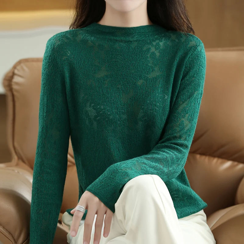 Spring And Summer Women\'s 100% Fine Wool Pullover Thin Sweater Hollowed-Out Silver Silk Long-Sleeve Soft Knitting Fashion Top