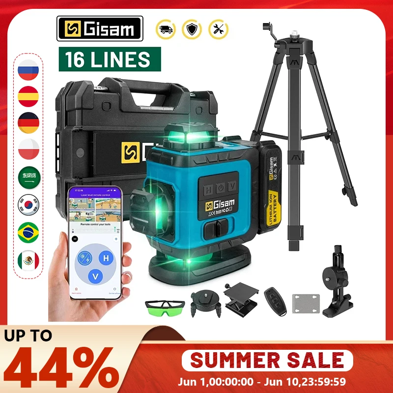 Gami 16 lignes niveau Laser 4D avec trépied ligne verte auto-nivelant 360 horizontal vertical mesure de la lumière croisée faisceau puissant