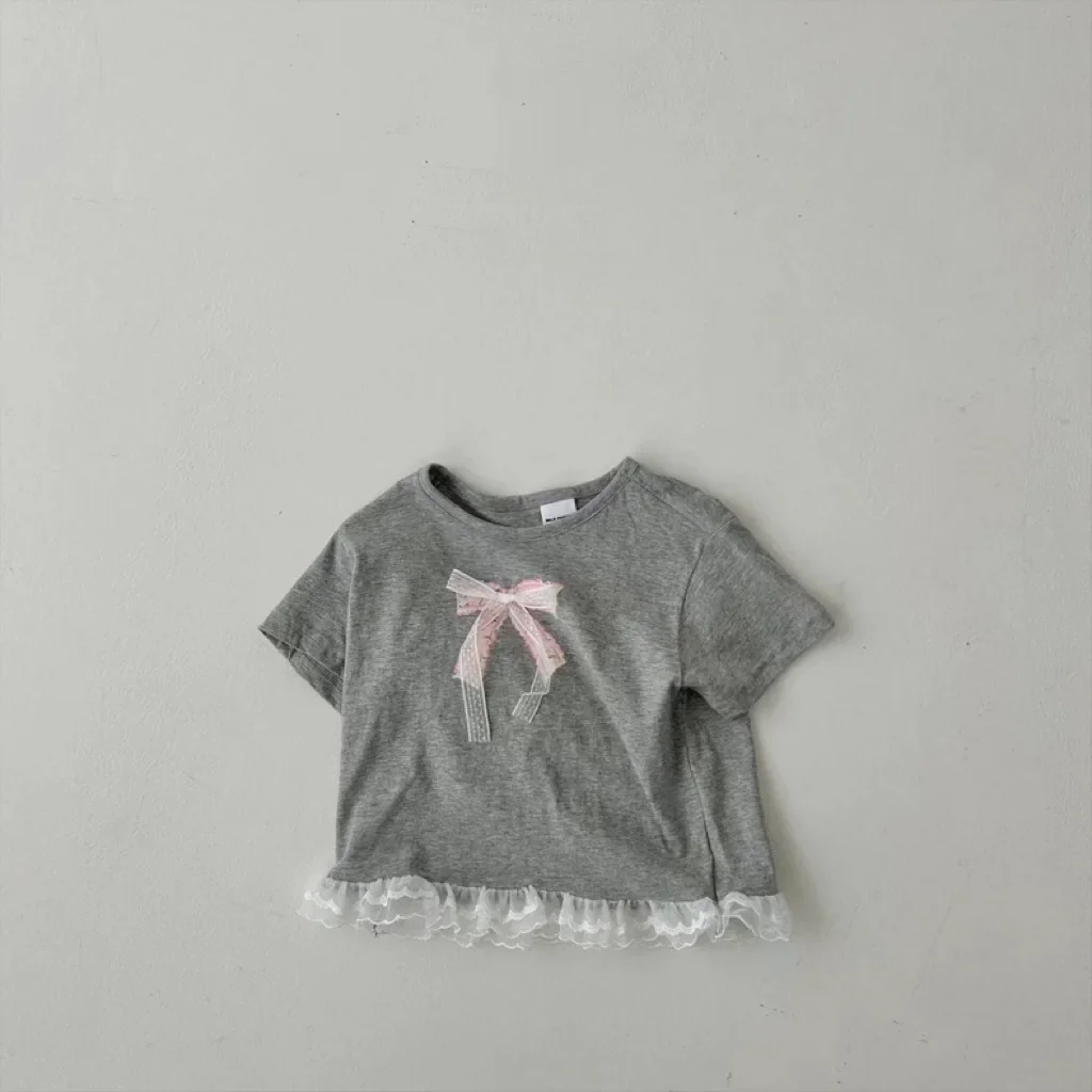 T-shirt à manches courtes avec ruban à nœud pour bébé fille, vêtements d'été coréens, t-shirts, nouveau, 22329, 2024