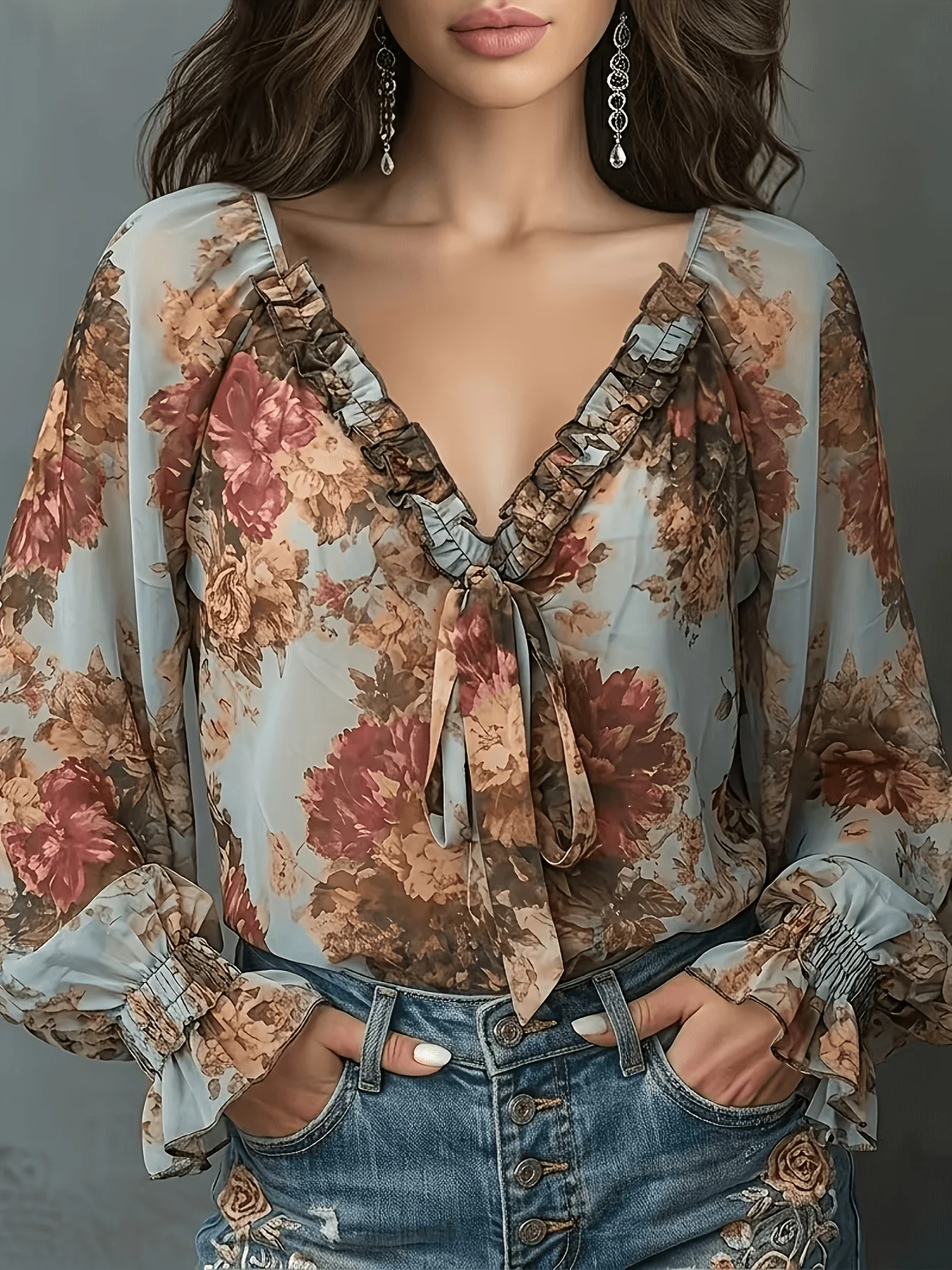Blusa de Chifón con Estampado Floral Vintage, Camisa Casual Boho con Cuello en V, Manga Larga y Volantes con Lazo Frontal para Mujer