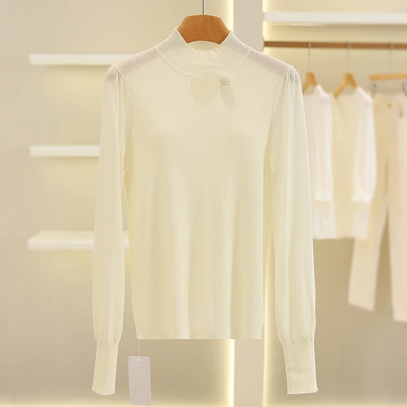 

Yao Recommended f High Collar Hollow out Slim Fit Knitted Sweater Spring Women's Faion Commute Sle Pure Color Knitwear