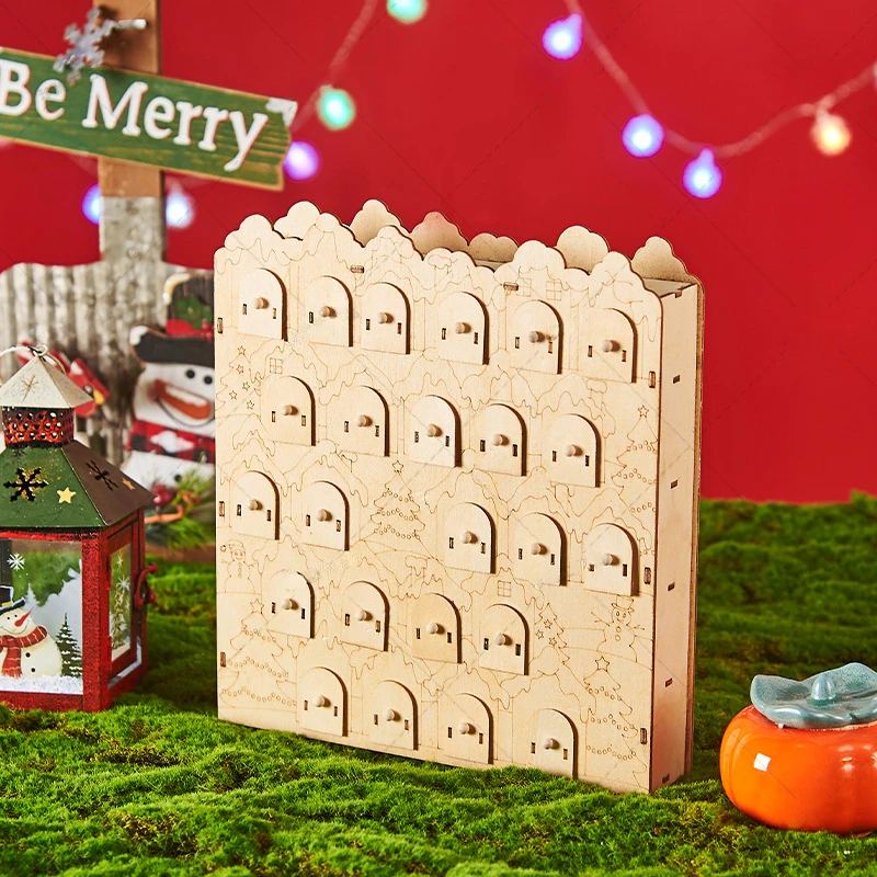 LED Advent Calendar Wooden Advent Calendar House with 24 Drawers Christmas Countdown Reusable Decoration