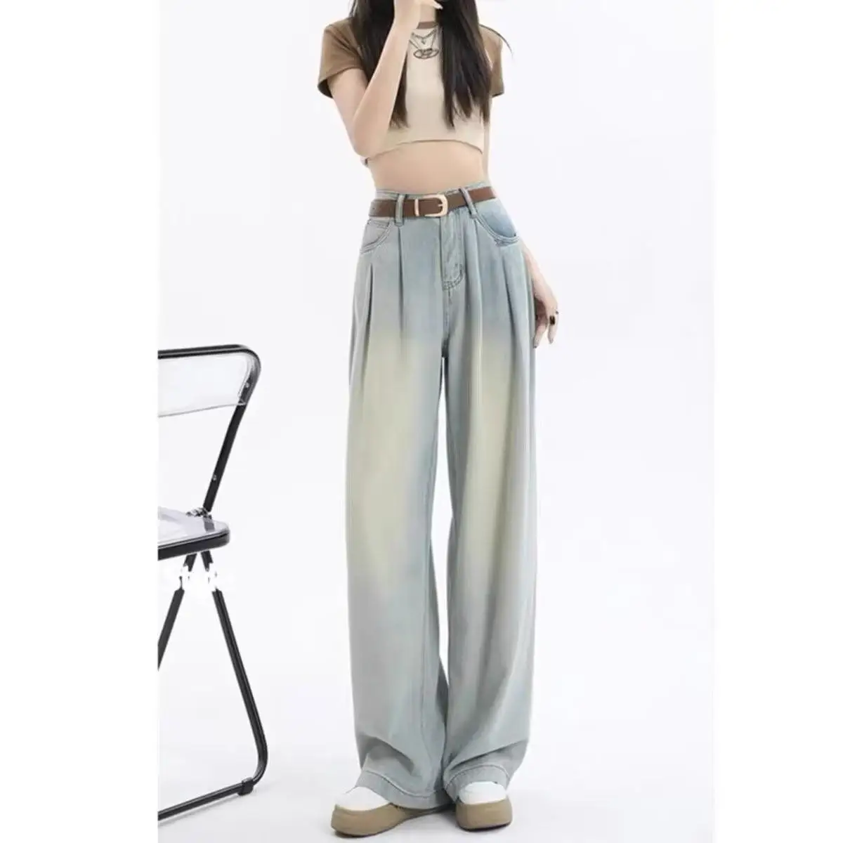 

Retro High Waist Loose Straight Leg Jeans Women's Autumn New Small Size Extended Wide Leg Floor Length Pants