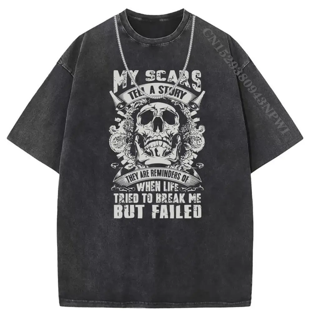 My Scars Tell a Story Cool Tshirts Skull Washed Men Shirt Harajuku 2023 New Arrivals Fahsion Retro Rock T Shirt Streetwear