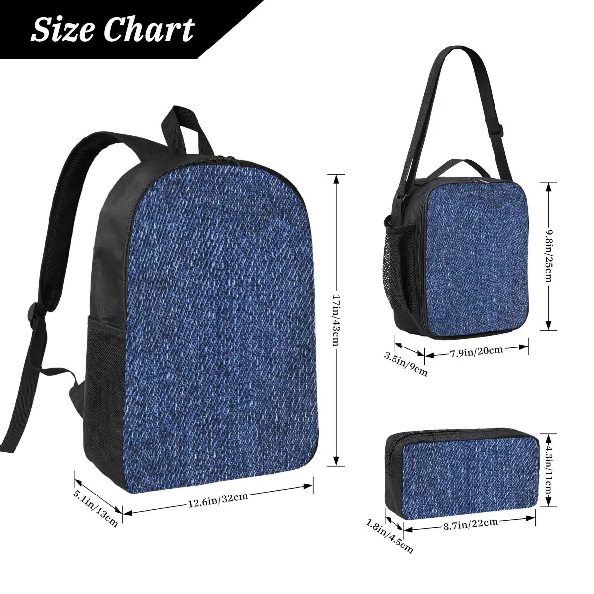 Denim Classic Navy Blue Backpack Boys Girls BookBag School Bag Computer Shoulder Bags 3ps Insulated Lunch Bag Pencil Case