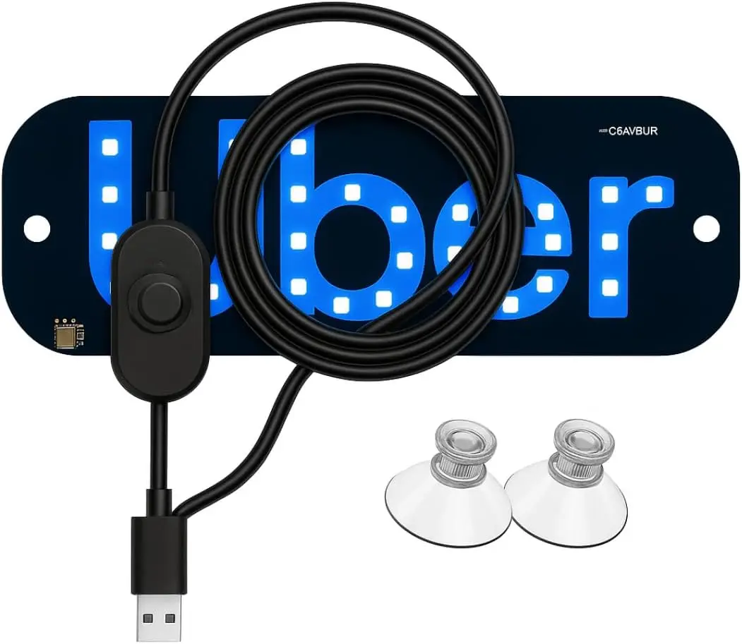 

USB-Powered Windshield LED Sign with Touch Dimmer - Blue Decal for Rideshare Visibility