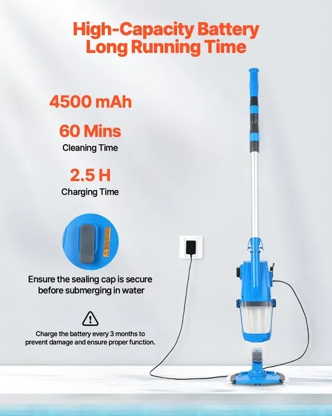 Pool Vacuum 26 GPM Rechargeable Pool Cleaner Max. 1H with Extension Pole