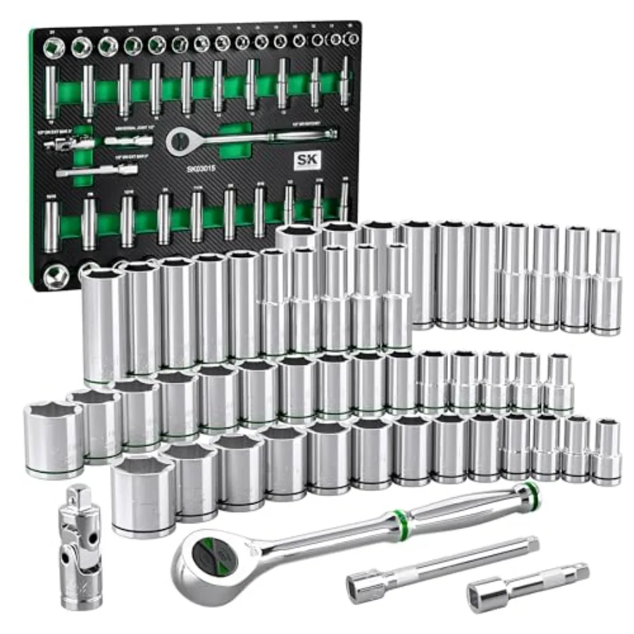 

1/2" Drive Socket Set with, 52-Piece, SAE and Metric, erKrome Finish, Premium CR-V Construction, with EVA Foam Tool Organizer