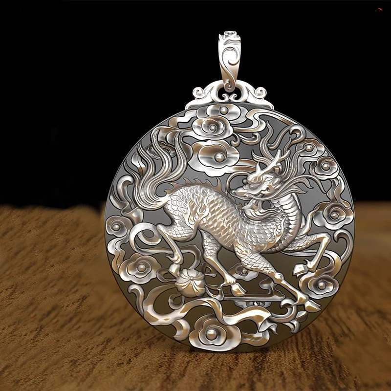 Vintage Relief Dragon Kylin Pendant Necklace For Men Jewelry Lucky Auspicious Clouds Round Card Amulet Necklace Male Jewelry