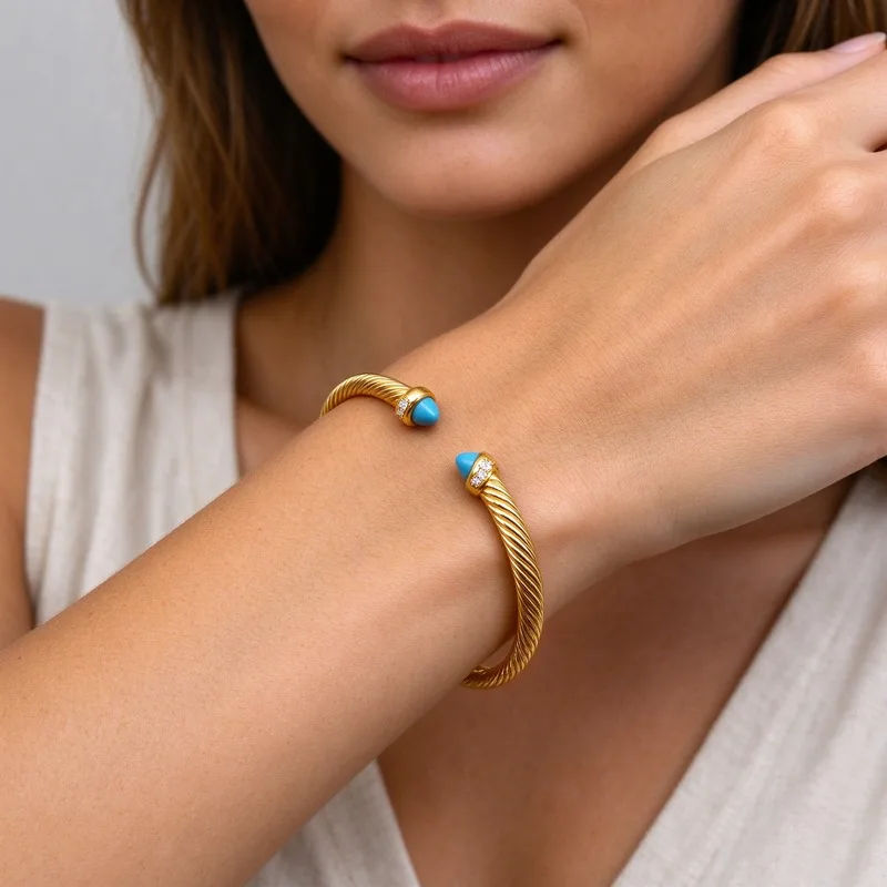 4mm Twisted Cable Cuff Bracelet for Women Gold Plated Brass Shiny Gold Tone Finish Cone Shape Gemstone Ends with Pave Diamonds Open Bangle Available in Multiple Stone Colors Jewelry for Daily Wear Party Wedding Christmas Birthday Anniversary Gift for Her