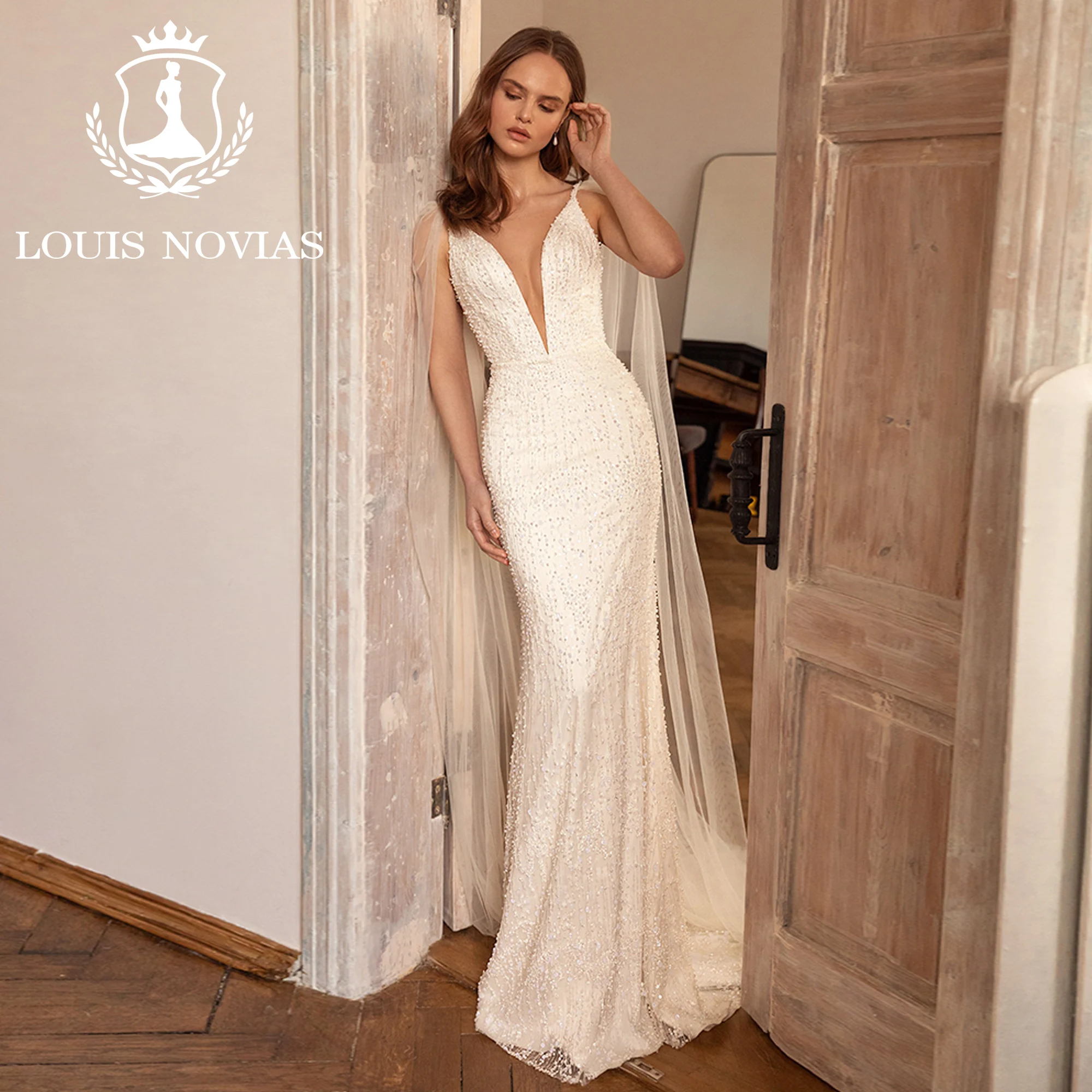 

LOUIS NOVIAS Свадебное платье русалки с v-образным вырезом на тонких бретельках, расшитое бисером и блестками, ленты, свадебное платье с трубой, Vestidos De Novia