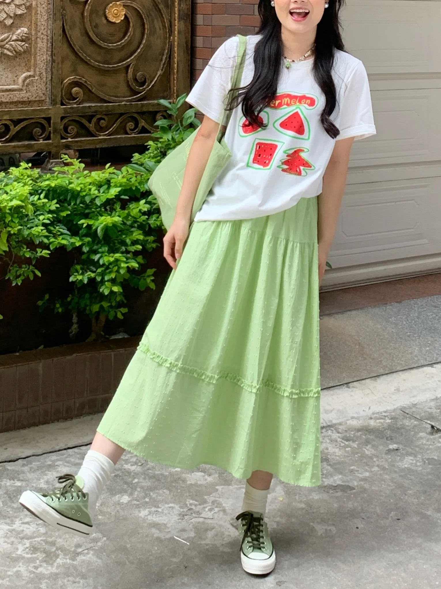 een Floral Embroidery Splice High Waist Elastic f Skirt for plus Size Women A-Line Midi Skirt Comfortable Cotton Blend