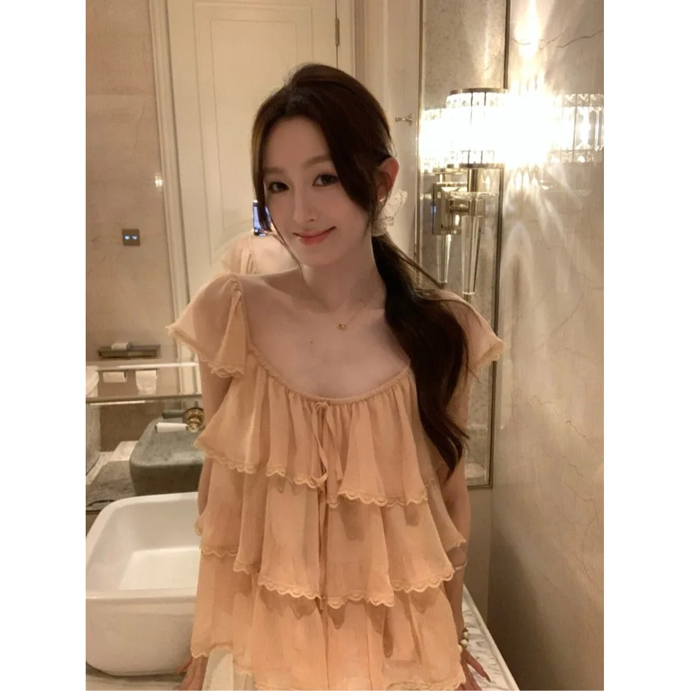 

Summer 2026 French Style Sweetened Korean Version Square Collar Ribbon Tied Lace Trimmed Miniature Cake Shirt Women Slimming ...