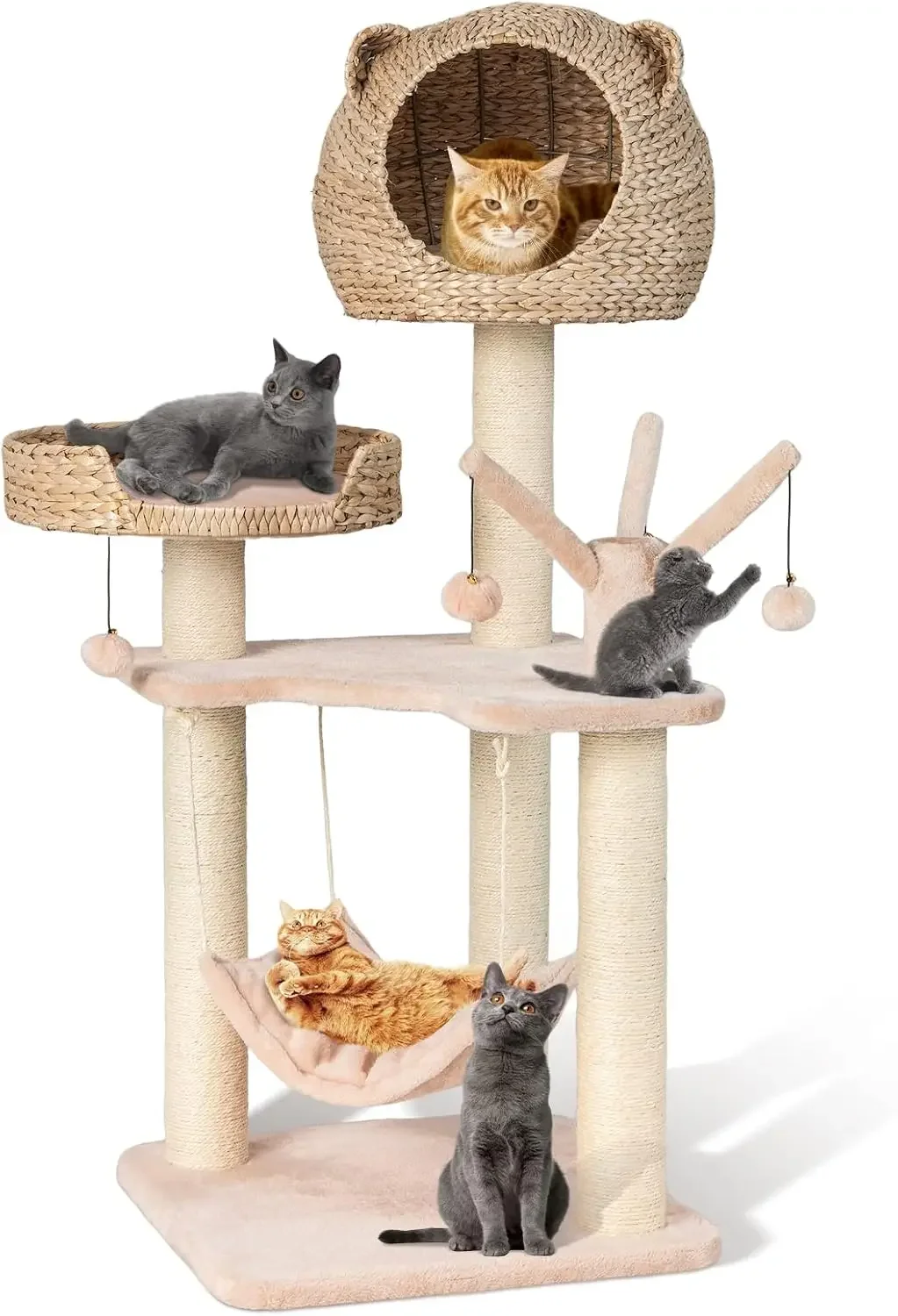 PETSITE Woven Cat Tree, Modern Cat Tower with Hammock & Scratching Posts, Cattail Condo & Top Perch, Cat Activity Tree