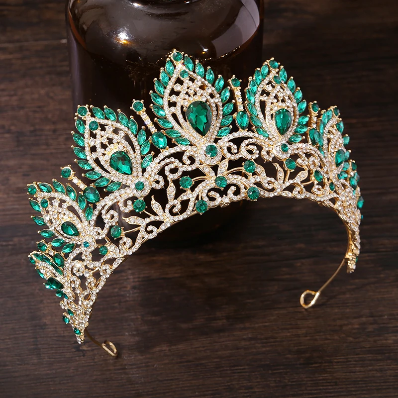 Cenmon Royal Queen Green Crown Big Diadem Bride Tiara Crowns for Women Bridal Wedding Party Crown Hair Dress Jewelry Accessori