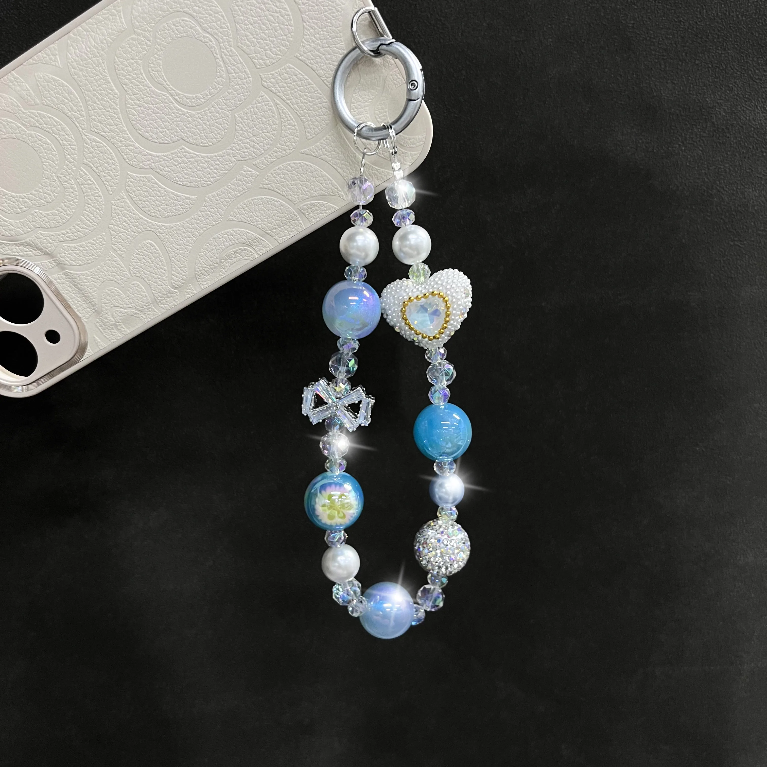 Luxury Blue Pearl Diamond Love Phone Chain Exquisite Alloy Zircon Bow Mobile Phone Accessories Phone Charms Phone Strap