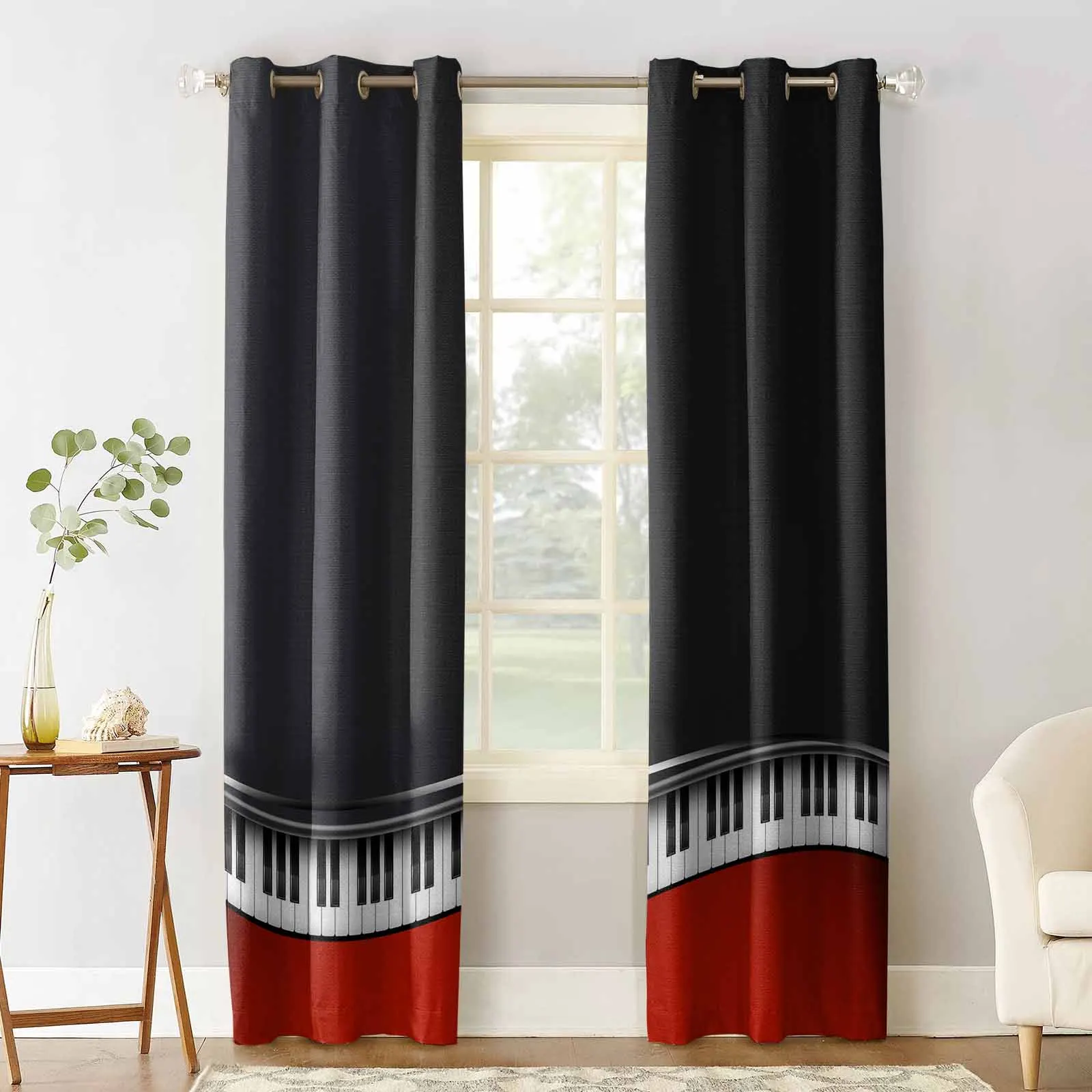 Red And Black Piano Keys Window Curtains for Living Room Kitchen Curtain Bedroom Decorative Window Treatments