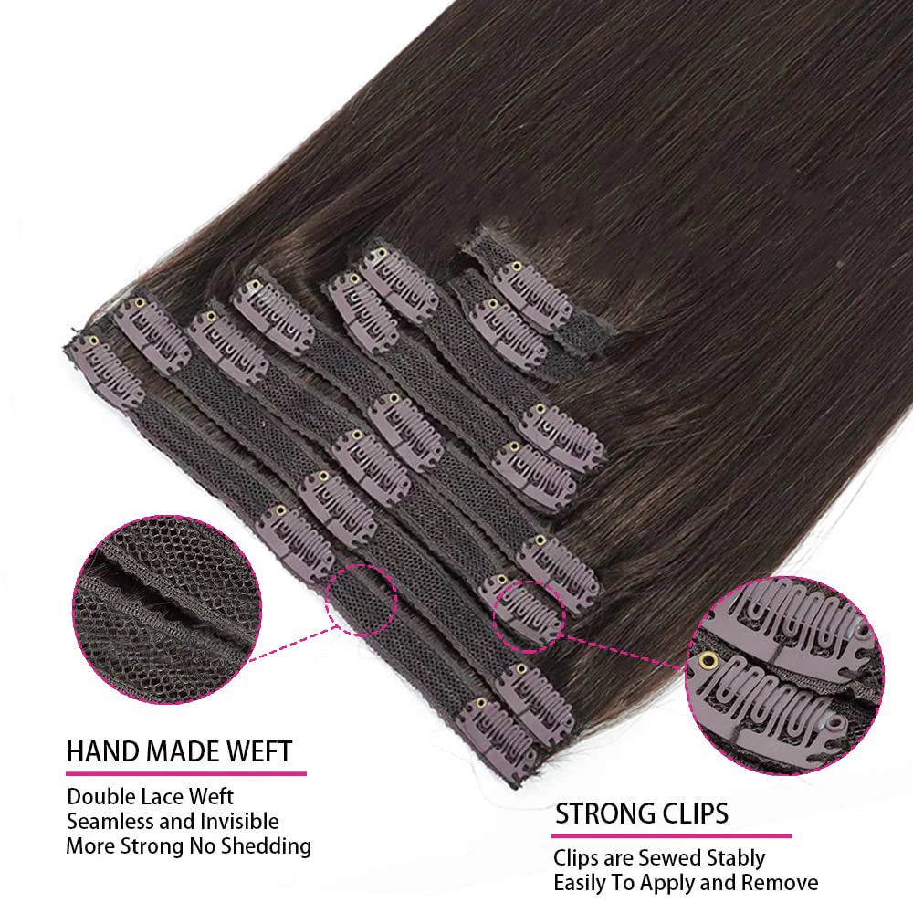 كليب في وصلات الشعر شعر بشري حقيقي بني داكن قسط الشعر البشري كليب في ملحقات وصلات شعر مستقيمة 8 قطعة كليب Ins #4