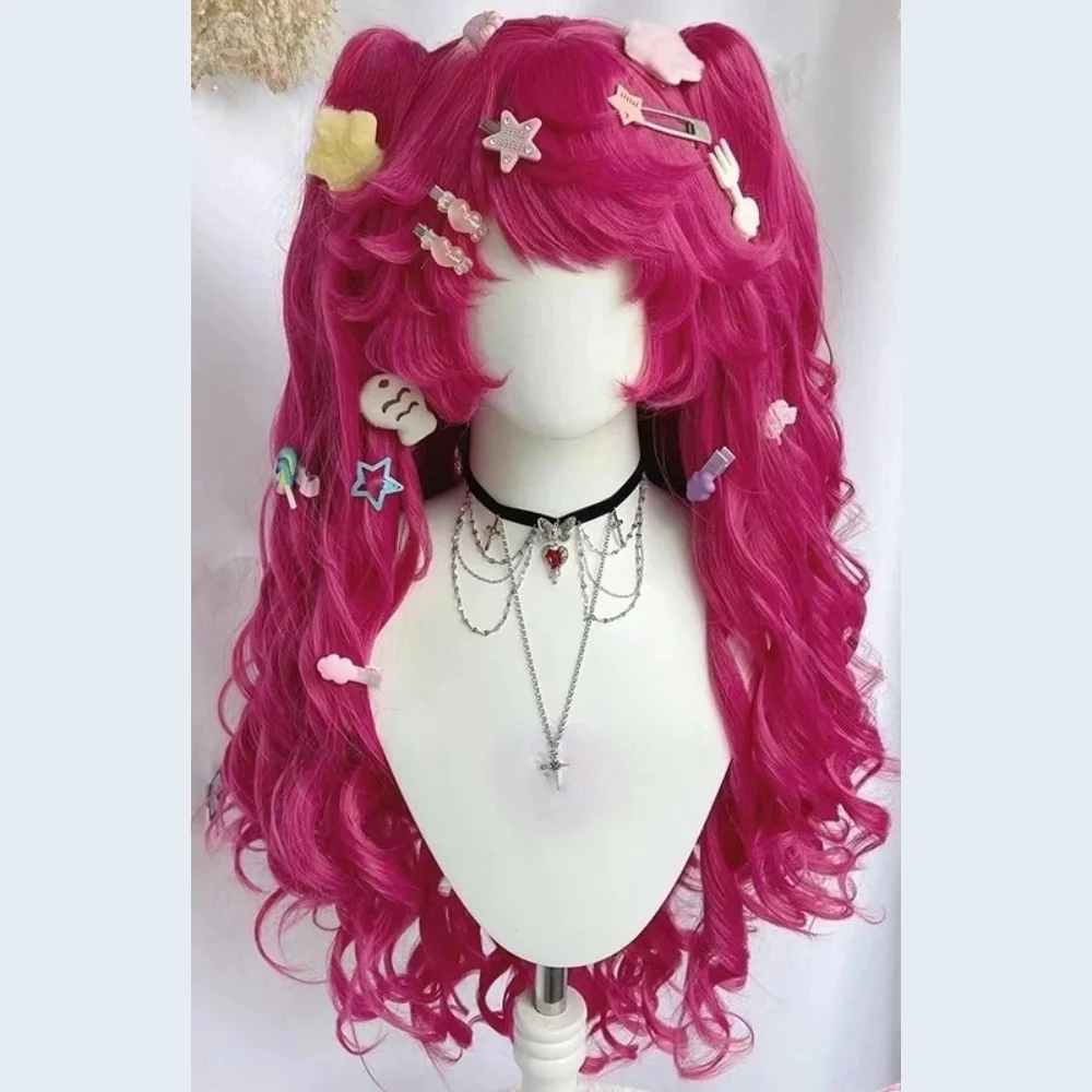 Rosa Anime-Cosplay-Perücke mit zwei Pferdeschwänzen, hergestellt aus hitzebeständigen synthetischen Fasern, ideal für Pony-Girl-Cosplay