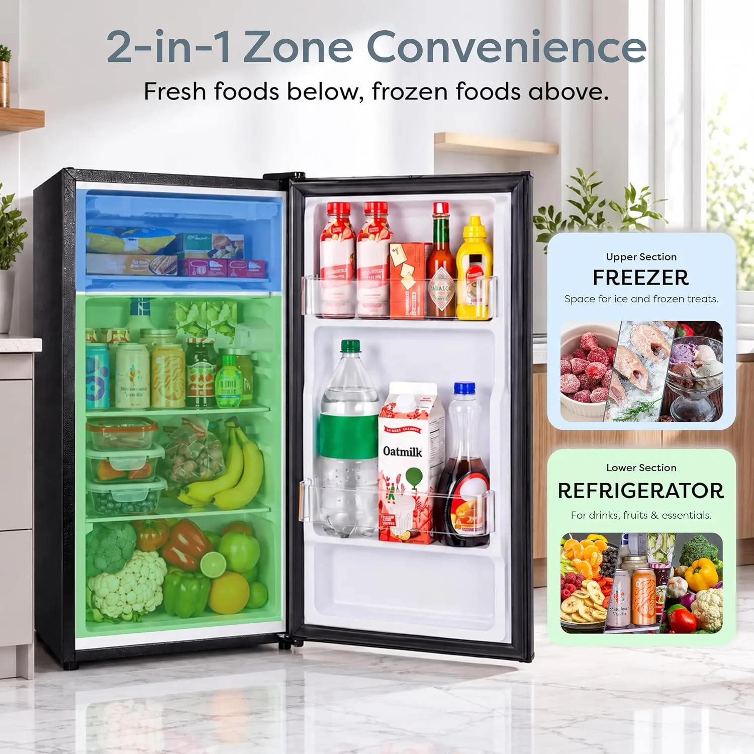 3.2 Cu. Ft. Compact Mini Fridge with Freezer, Small Refrigerator Featuring Glass Shelves and Temperature Control, Ideal for Home, Dorm, and Office, Black