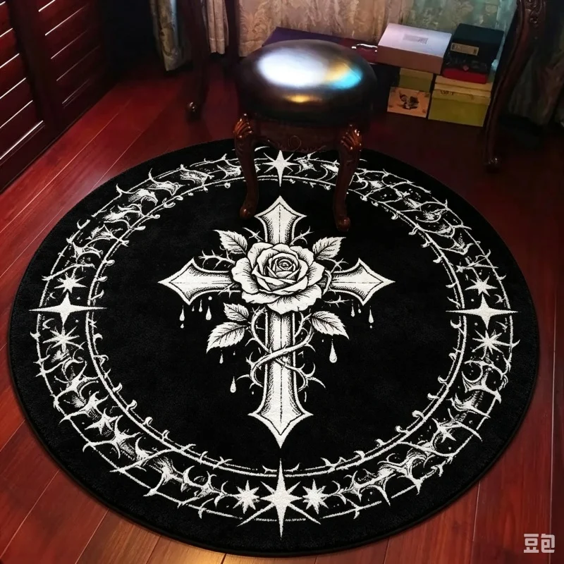 Rose Cross Occult Gothic Round Rug, Thorn Star Printed Circular Floor Mat, Indoor Living Room Home Decor