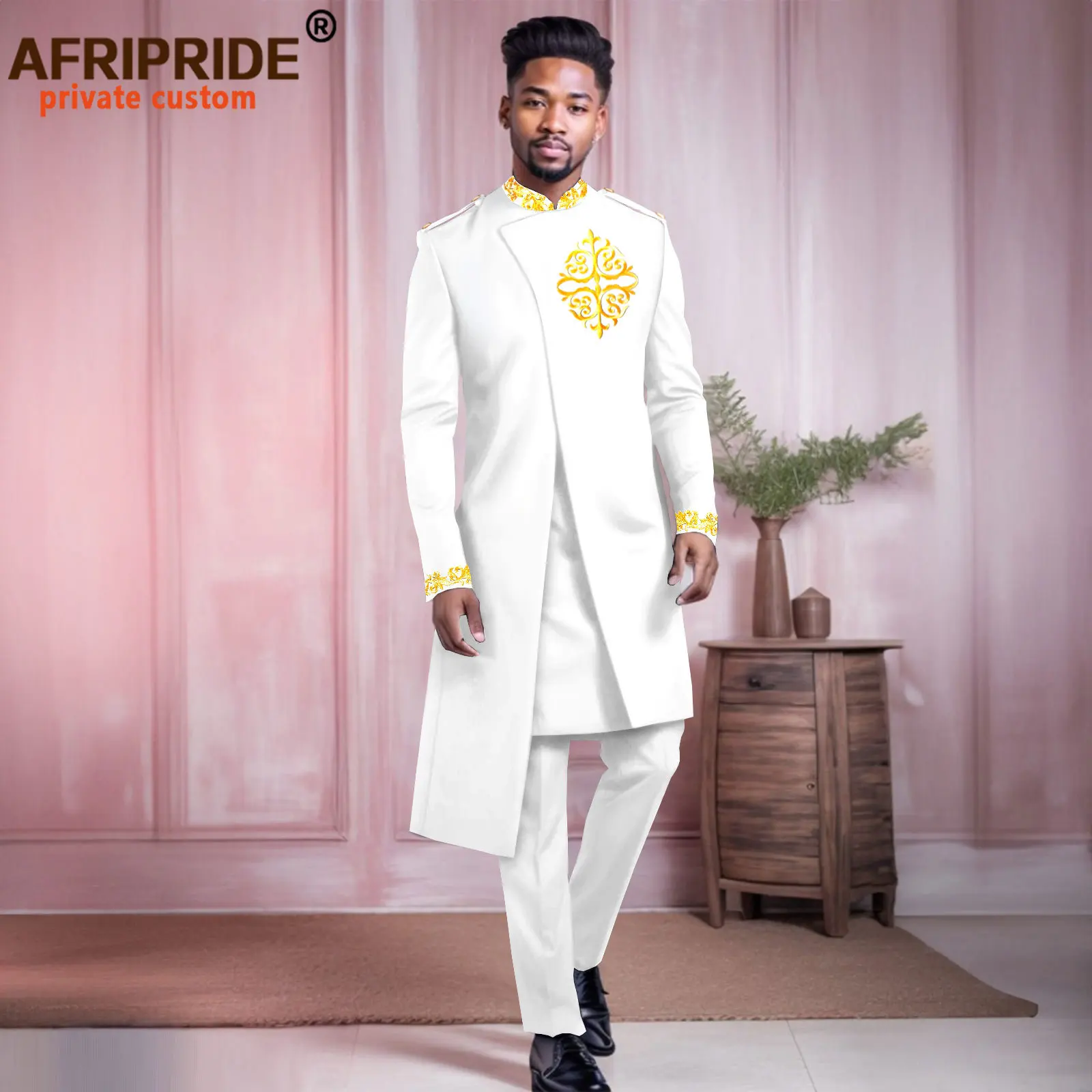 

African Suits for Men Elegant Solid Slim Fit Single Breasted Embroidery Blazer Shirts Pants 3 Pieces Set Party Outfits 2416021