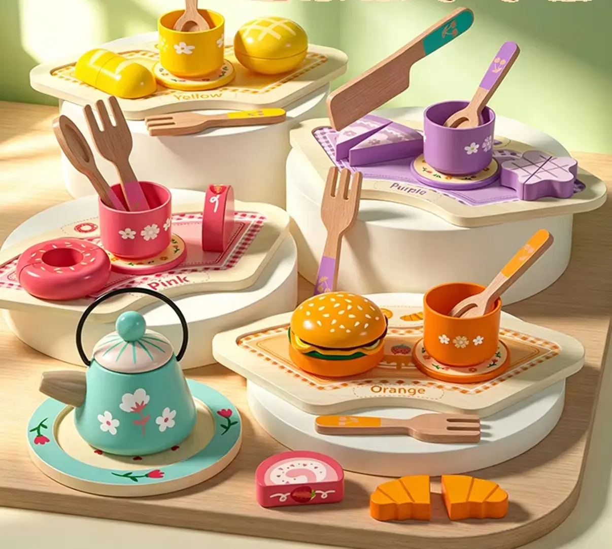 Kids Wooden Tea Set Pretend Play Toy,Simulation Afternoon Tea Party Kit with Teapot Cups,Early Educational Color Cognition Game