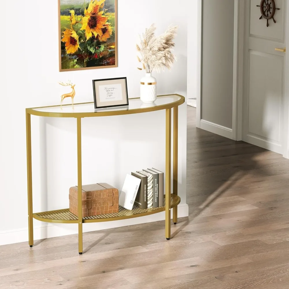 Glass Half Moon Console Table 2 Tier Narrow Entryway Table with Gold Metal Frames, Modern Couch Table Small Entry Way Tables, E