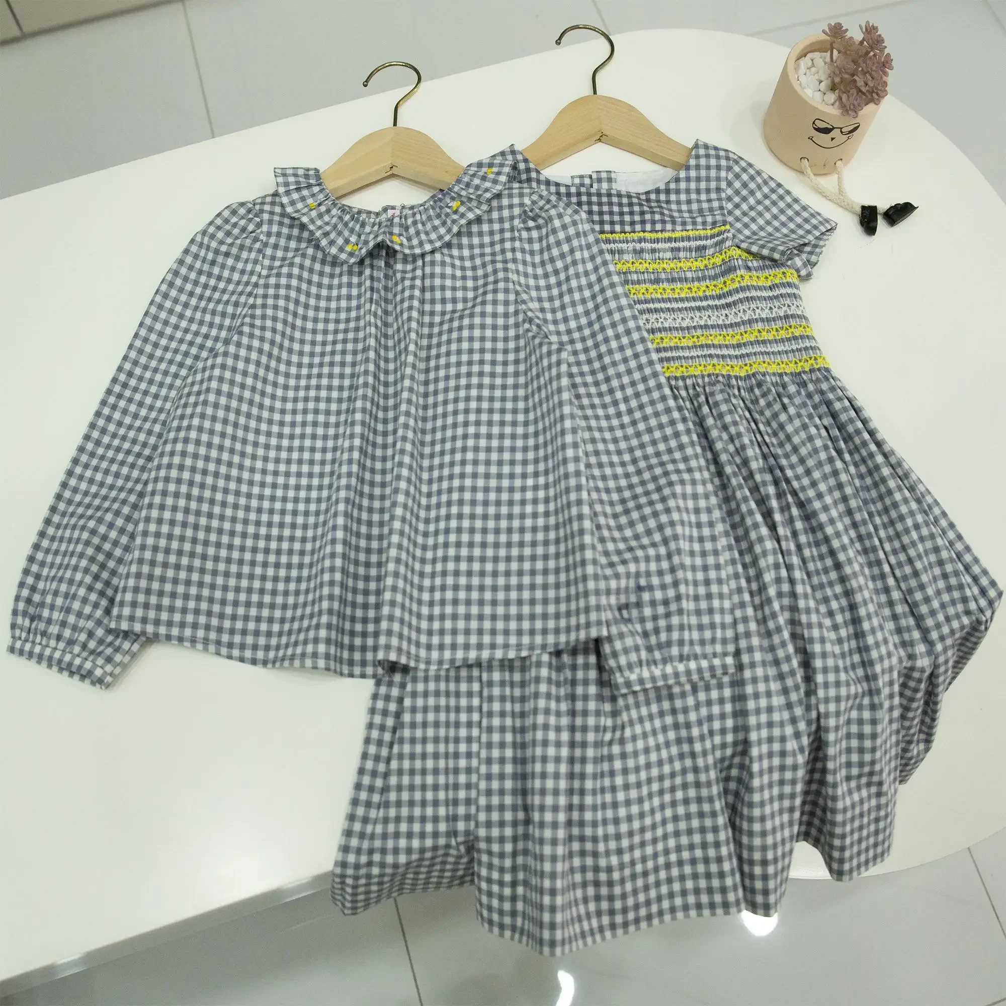 

Girls Checkered Handmade Smocked Dress Elegant Peter Pan Collar Top Embroidered Outfit Heavy Smocking Design Kid Clothes Toddler